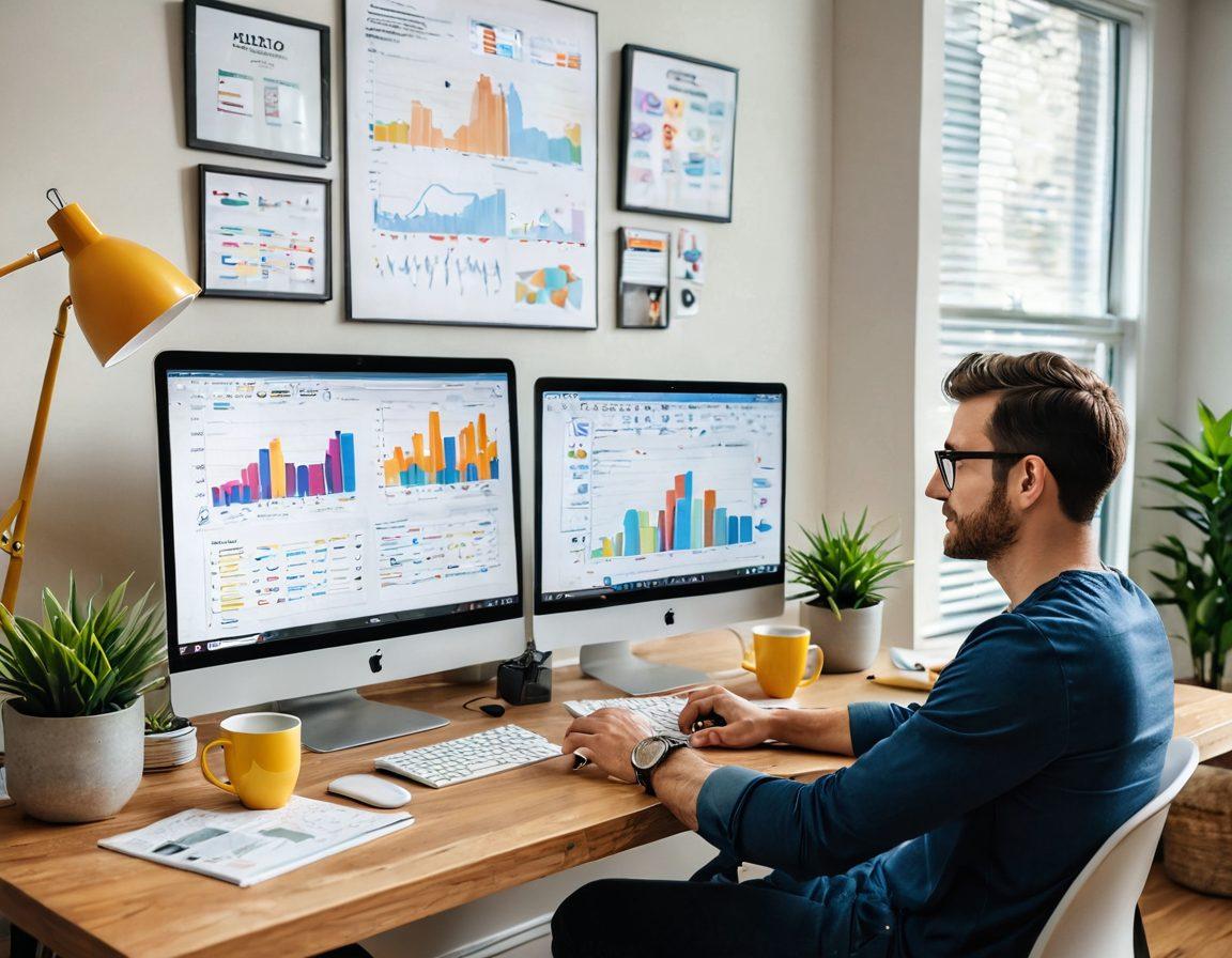 A split-screen design illustrating a casual blogger at a cozy home workspace on one side and a professional content strategist in a modern office setting on the other. The left features a laptop with colorful notes and coffee, while the right shows charts and analytics on screens. Include vibrant colors and lively elements to represent the blogging journey. super-realistic. vibrant colors. 3D.