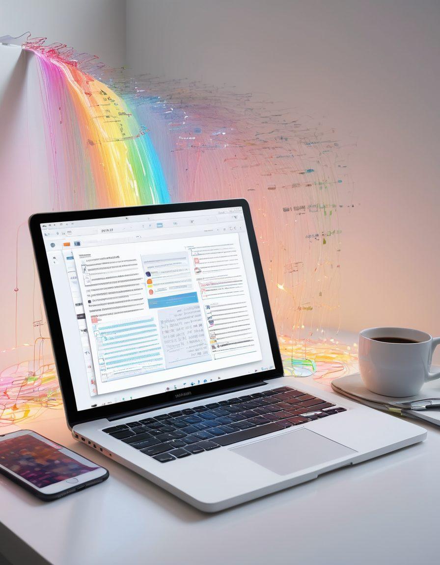 A digital journal open on a desk, filled with colorful notes and ideas flowing out like a vibrant waterfall. Surrounding it are various online platforms represented by icons, such as a laptop, smartphone, and tablet, all connected with lines of light. The background features an ethereal glow, symbolizing creativity and inspiration. super-realistic. vibrant colors. white background.